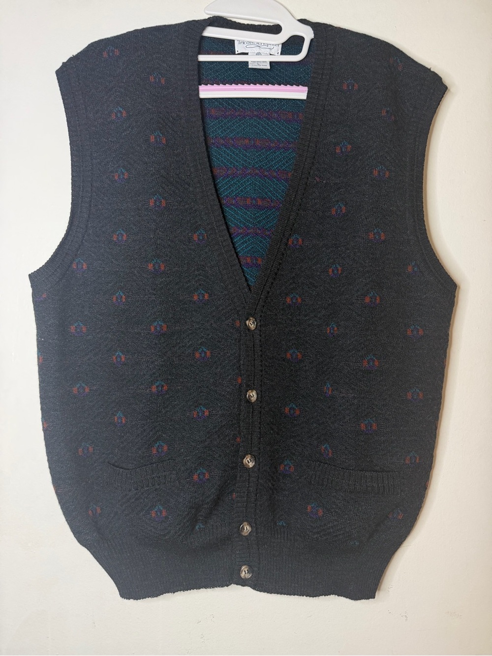 Vintage Tricots St. Raphael Pure Wool Patterned Sweater Vest Size L